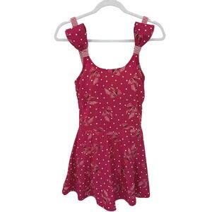 Triumph Red Polka Dot Bow Print Swim Dress One Piece Swimsuit Size L Retro Pinup